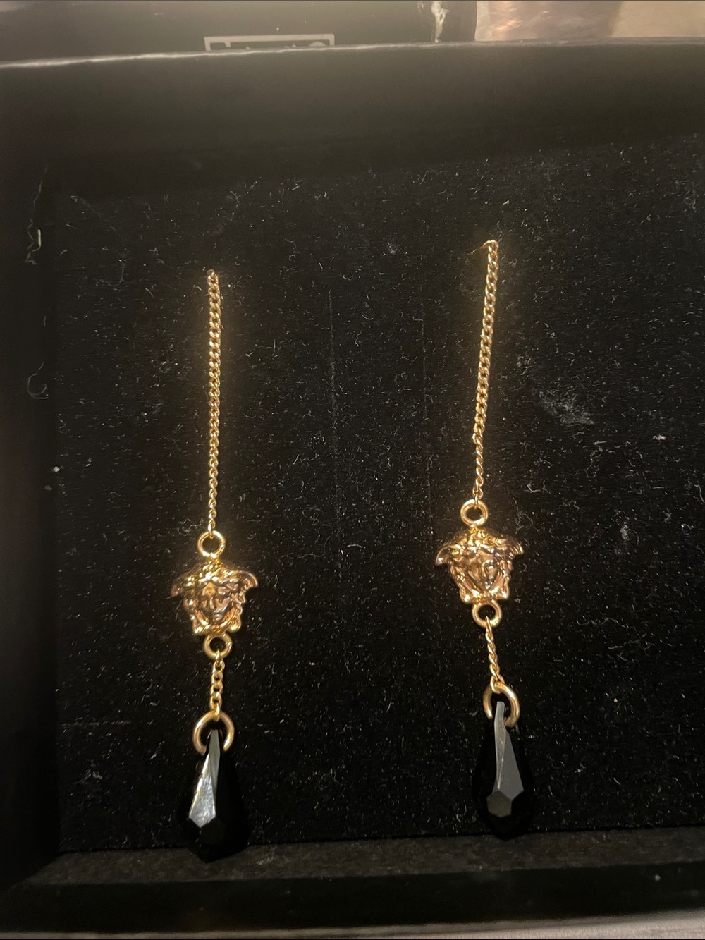 Versace Gold Medusa Drop Earrings with Black Teardrops